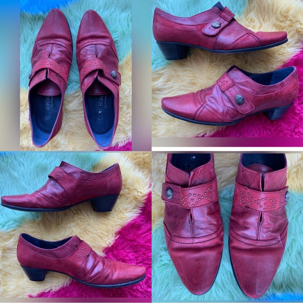 Excellent Condition, Dorking By Fluchos Heeled Leather Booties Burgundy, Size 38